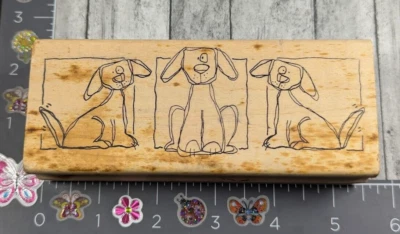 Sello de goma magenta con borde de perro trío cachorros madera #E17 Foto 1 de 3