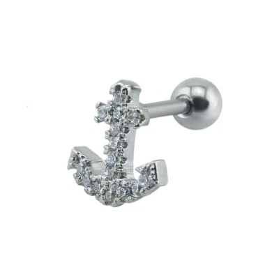 Acciaio Inox Tragus Helix Orecchini Ancora Zirconia Ricoperto Argento Donna - Immagine 1 di 2