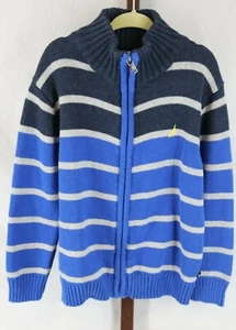 Nautica Boys Blue Gray Striped Zip Front Long Sleeve Cardigan Sweater Size S/ 4 - Picture 1 of 3