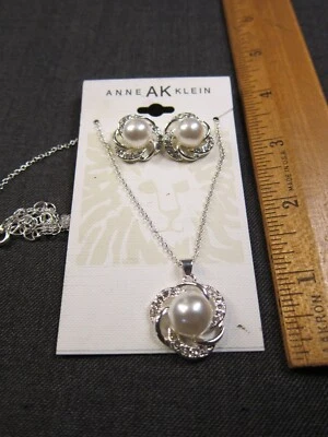 Beautiful silver-tone & faux pearl Anne Klein necklace earring set NEW - Image 1 of 2