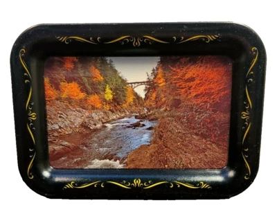 Vintage Metal Trinket or Key Tray Bright Scenic River Bridge Pattern 6.5 x 4.5'' - Image 1 of 3