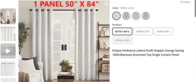 1 Curtain Pnl Eclipse Ambiance Lattice Draft Stopper Energy Saving 100% Blackout - Image 1 of 3