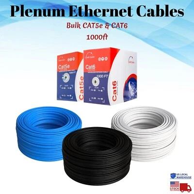 PLENUM 1000ft CAT5e CAT6 UTP CMP Bulk Ethernet Cable Solid Network Wire LAN CAT5 - Image 1 of 4