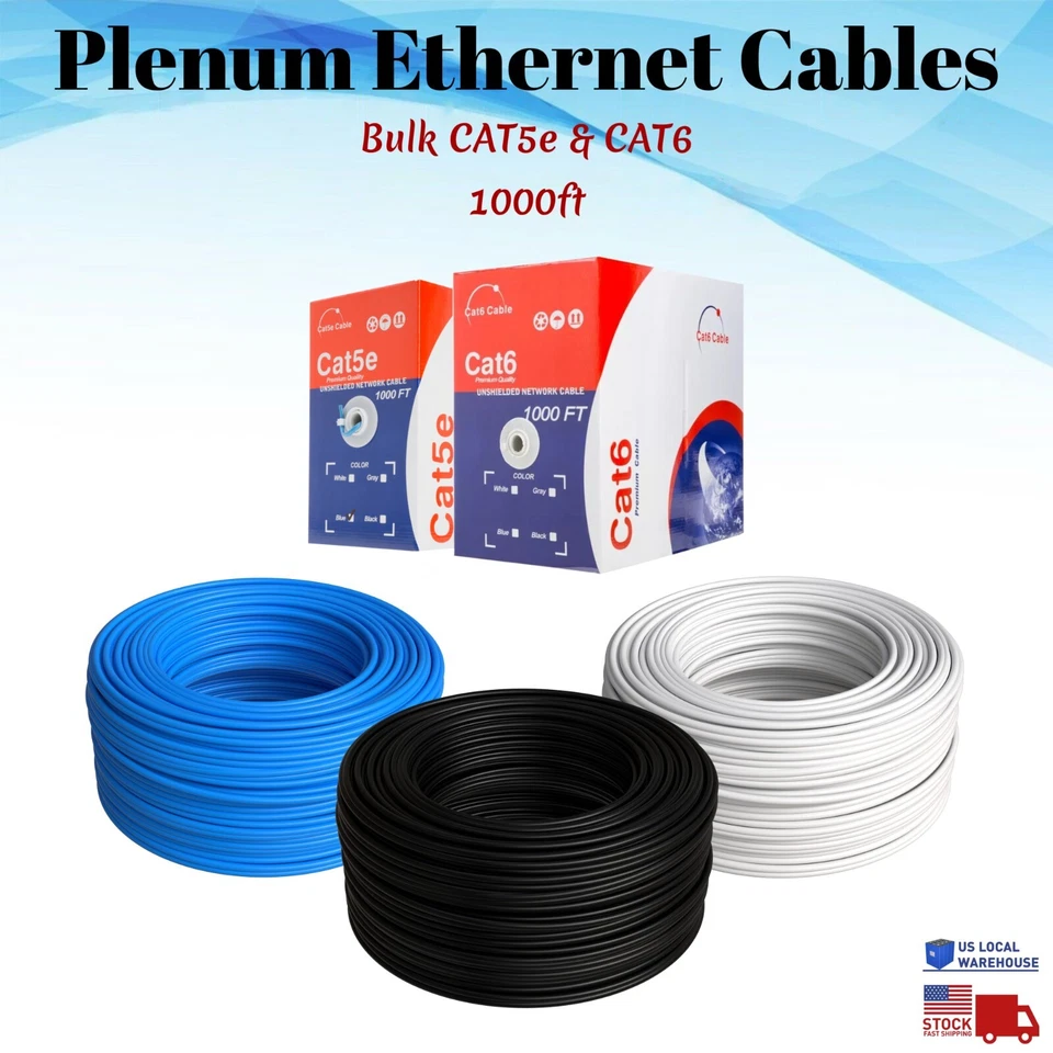 PLENUM 1000ft CAT5e CAT6 UTP CMP Bulk Ethernet Cable Solid Network Wire LAN CAT5 - Image 1 of 4