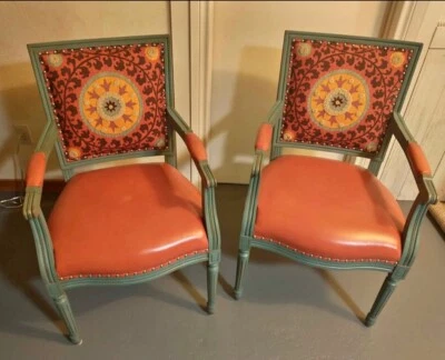 Pair Palecek Lyon Square Back Orange Medallion Chairs - Image 1 of 3