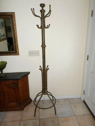 ANTIQUE HALL TREE/ENTRY WAY COAT & HAT RACK, THICK INDUSTRIAL BRASS, NICE PATINA Cover