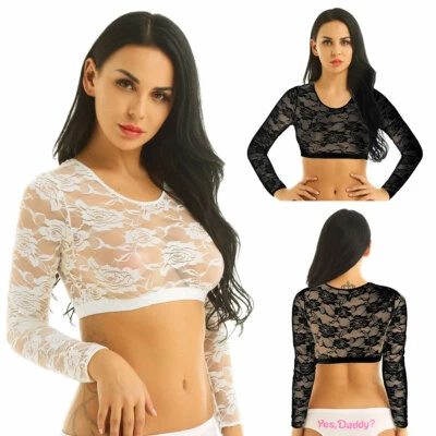 Women's Long Sleeve Floral Lace See Through Crop Top Short Blouse T-shirt Tops - Image 1 of 3