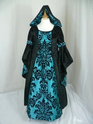 Girls Black & Turquoise Medieval Hooded Dress  Custom made from age 7 to 8 yrs - Image 1 of 4