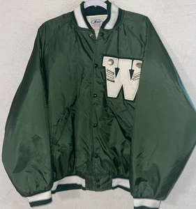Vintage NEFF USA Varsity Jacket XL Green Nylon Quilted Sports Letterman W Patch - Picture 1 of 9