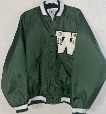 Vintage NEFF USA Varsity Jacket XL Green Nylon Quilted Sports Letterman W Patch - Image 1 of 4