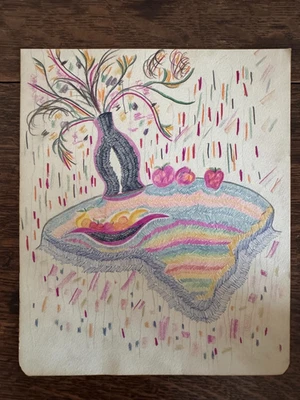 1920's Floral Still Life Vase Multicolor Drawing Pencil on Paper Psychedelic - Image 1 of 4