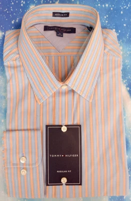 Camisa de vestir Tommy Hilfiger 100 % algodón para hombre 17 (32-33) azul y naranja a rayas nueva con etiquetas Foto 1 de 4