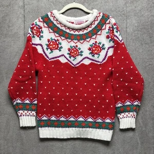 Vintage 80s Metro Express Sweater Girls M 10-12 Red Pullover Floral Cottage - Picture 1 of 9