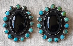 Vintage Federico Jimenez Earrings Southwestern Sterling Silver Turquoise Onyx - Picture 1 of 9