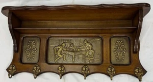 Vintage French Oak Coat Rack + Wood Shelf, 3 Brass Panels & 6 Brass Hooks - Picture 1 of 12