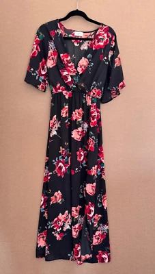 Everly SMALL Floral Maxi Dress Slit Elegant Wedding Boho Romance Flutter Sleeve - Image 1 of 4