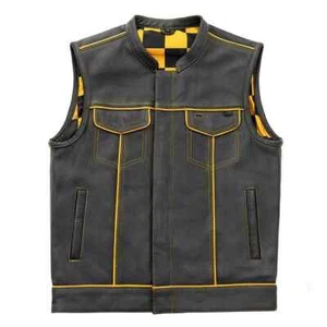 Men's Real Leather Motorcycle Vest in Yellow Paisley Lining Club Vest Biker vest - Picture 1 of 3