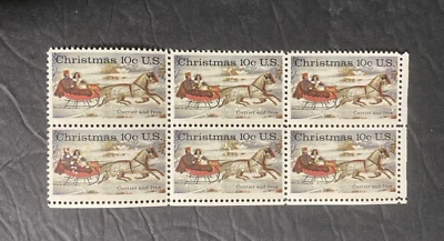 1974 Scott #1551 Currier and Ives Christmas Postage Stamp 10c Block of 6 MNH - Image 1 of 3