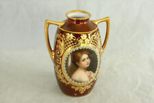 ANTIQUE ROYAL VIENNA STYLE WOMAN PORTRAIT MAROON JEWELED VASE 100% HAND PAINTED