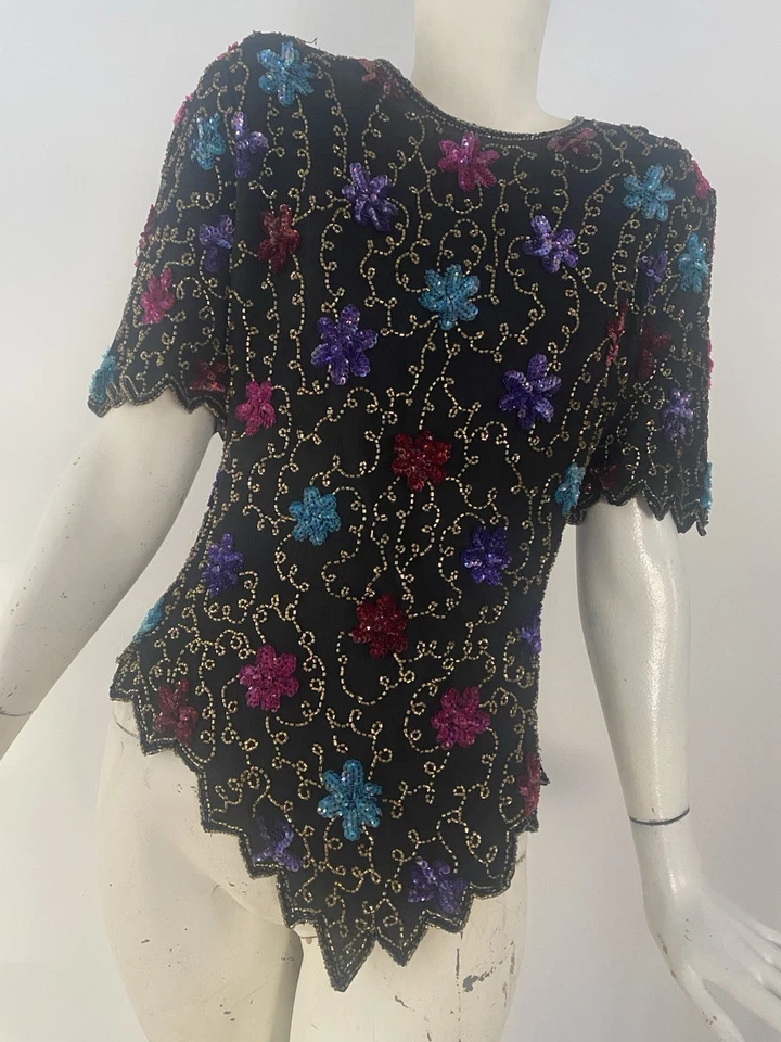 Camisa top vintage Laurence Kazar con cuentas lentejuelas seda negra años 80 India Boho Glam Foto 1 de 4