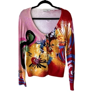 VERTIGO Paris Beaded Vibrant Floral Abstract Cardigan Womens L Art to Wear - Picture 1 of 7