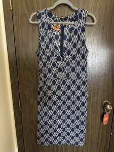 Tory Burch Women's Sleeveless V-Neck Dress Blue/White, Silk, X-Large - Picture 1 of 2