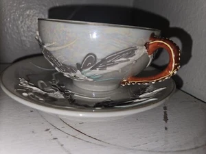 Vintage White Dragon Ware Lusterware Moriage Geisha Lithophanie Teetasse Set - Bild 1 von 13