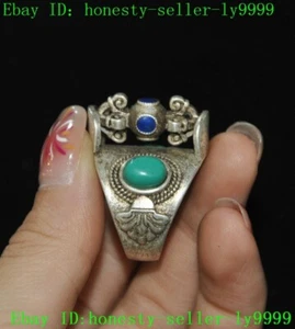 China Tibetan silver inlay turquoise fengshui Luck Vajra pestle Jewelry Ring - Picture 1 of 7