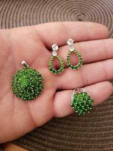 HT signiert Sterlingsilber grüne Steine Anhänger Ohrringe Ring Set Demi Parue - Bild 1 von 7
