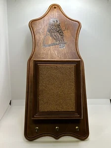 Vintage MCM Wooden Owl Mail Letter Holder Keys Organizer BOHO Wall Hanging Cork - Picture 1 of 7