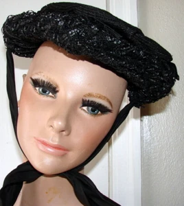 Victorian (1860s-70s) BLACK STRAW/SILK MOURNING HAT b2-7 - Picture 1 of 6