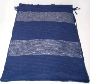 Blue Scarf Shimmer Threads Silver Neck Head Cover Textured Striped Tassels Women - Picture 1 of 7