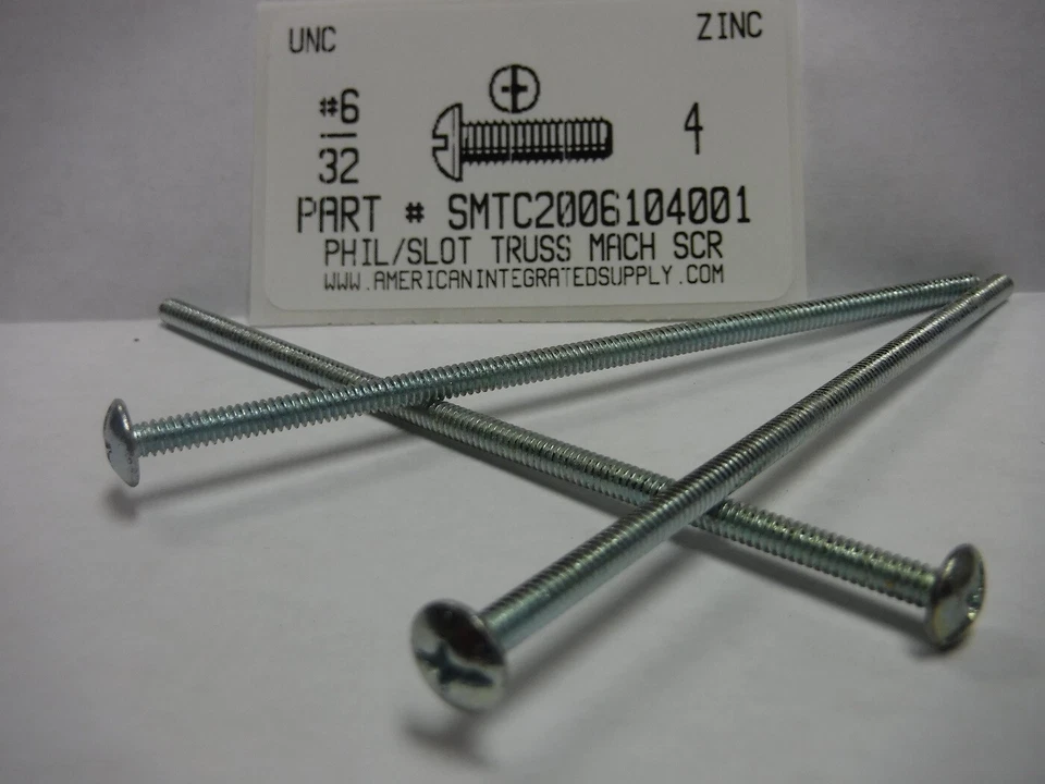 AMERICANINTEGRATEDSUPPLY .COM #6-32x4 Truss Head Phillips/Slotted Machine Screws Steel Zinc Plated (15)