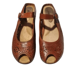 Bass Bertha Peep Toe Mary Jane Shoes Size 8.5 Brown Faux Leather Slip On Wedge - Picture 1 of 8