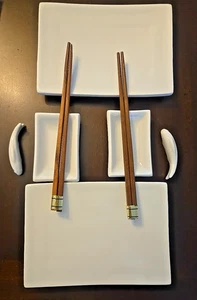 NEW 4 Pcs Japanese Ceramic Condiment & Chopstick Dishes Sushi Relish Soy Sauce - Picture 1 of 6