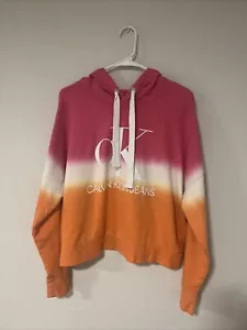 Calvin Klein Women's Large Dip Dye Logo Hoodie Crop Sweatshirt Pink White orange - Picture 1 of 5