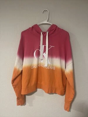 Sudadera corta con capucha con logotipo de teñido de inmersión grande para mujer Calvin Klein rosa blanco naranja Foto 1 de 4