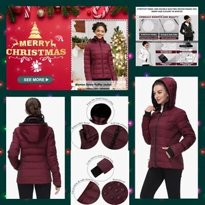 SLOWDOWN Women down Puffer Jacket w Hood FUR Hooded Winter down Puffer Coat WINE - Picture 1 of 12