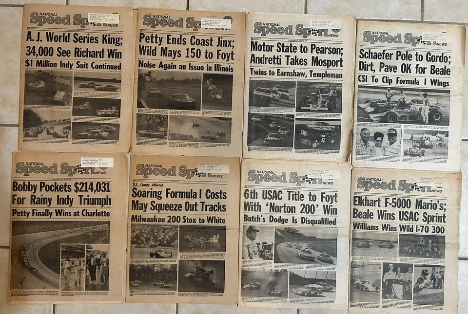 1975 Speed Sport News Set of 8 ANDRETTI Richard PETTY AJ Foyt UNSER Allison - Image 1 of 3