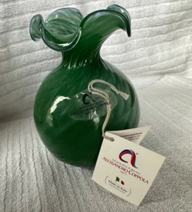 NWT Alessandro Coppola Murano Italy Art Glass Green ruffled Vase 7" Tall - Imagen 1 de 9