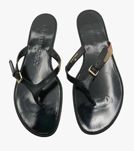Burberry Women's Nova Check Pattern Leather Flip Flops Thong Black Sandals 38 - Picture 1 of 10