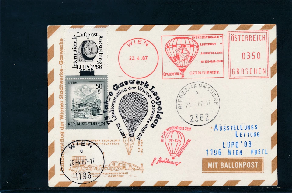 1.Ballonpost der Wiener Stadtwerke mit Allogenzudruck + Freistempel LUPO   (F13) - Bild 1 von 1