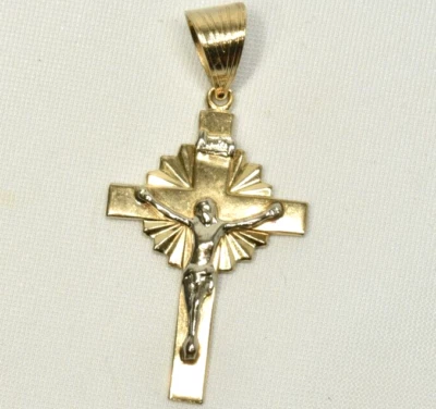 14k Solid Yellow Gold Cross White image Crucifix Pendant Classic Flat Bar style - Image 1 of 4