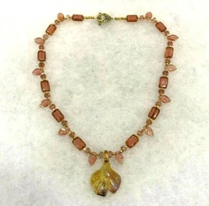 Pink Crystal and Gold Bead Necklace with Flower Approx. 18 In. Neck Opening - Picture 1 of 8