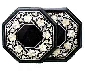 Set 2 Table, Pietra Dura Black Marble inlay Table Top, Semi precious Stone work - Picture 1 of 13