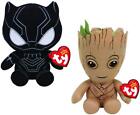 Set of 2 TY Beanie Babies 6" BLACK PANTHER & GROOT Marvel Plush MWMTs Heart Tags