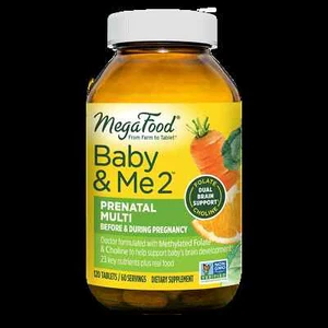 MegaFood Baby and Me 2 Prenatal Multi 120 Tabs - Baby's Brain, Folate, Choline - Picture 1 of 2