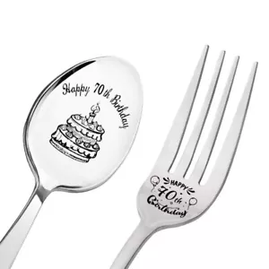 Happy 70th Birthday Gifts for Women Men Funny Cake Spoon and Fork Set 70 Year... - Picture 1 of 7