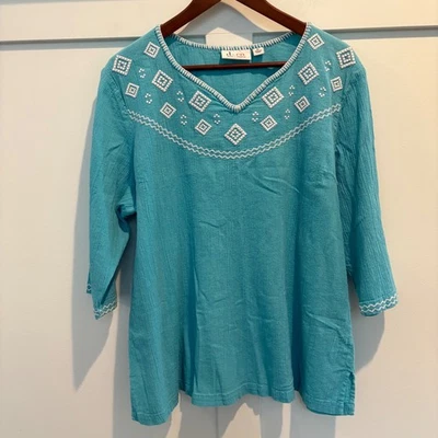 Top Denim & Co Algodón Bordado XL Turquesa Gasa Arrugada Manga 3/4 Boho Foto 1 de 4