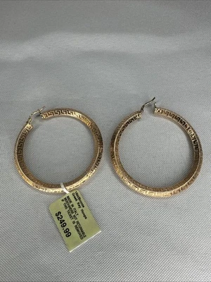 18k Gold Plated Bronze Greek Key Hoop Earrings Made In Italy $249.99 MSRP - Image 1 of 4